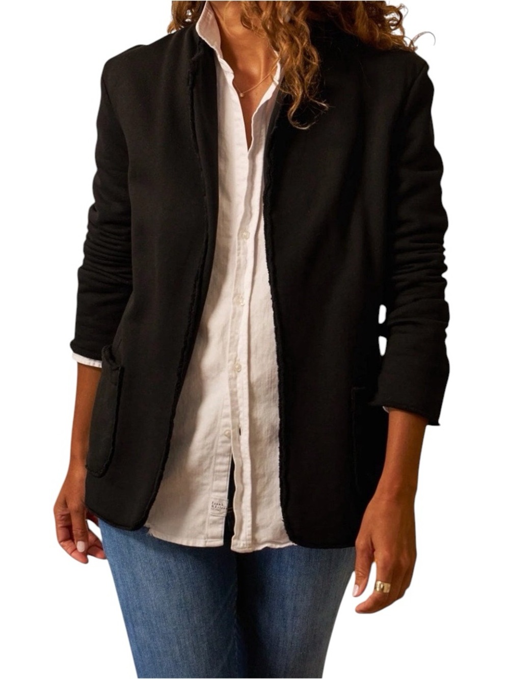 Frank & Eileen Dublin Cotton Triple Terry Notch Lapel Patch Pocket Open Jacket